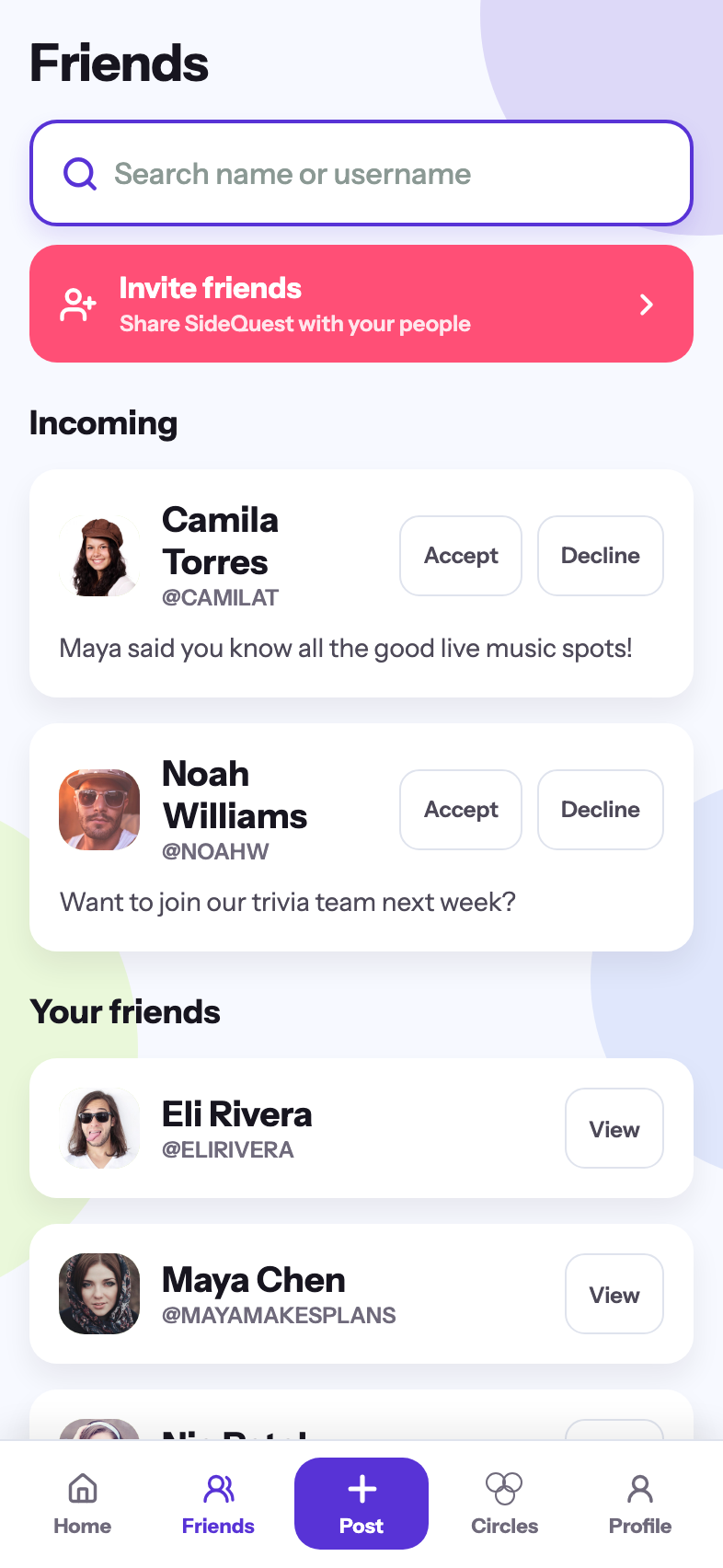 Friends and invites inside SideQuest